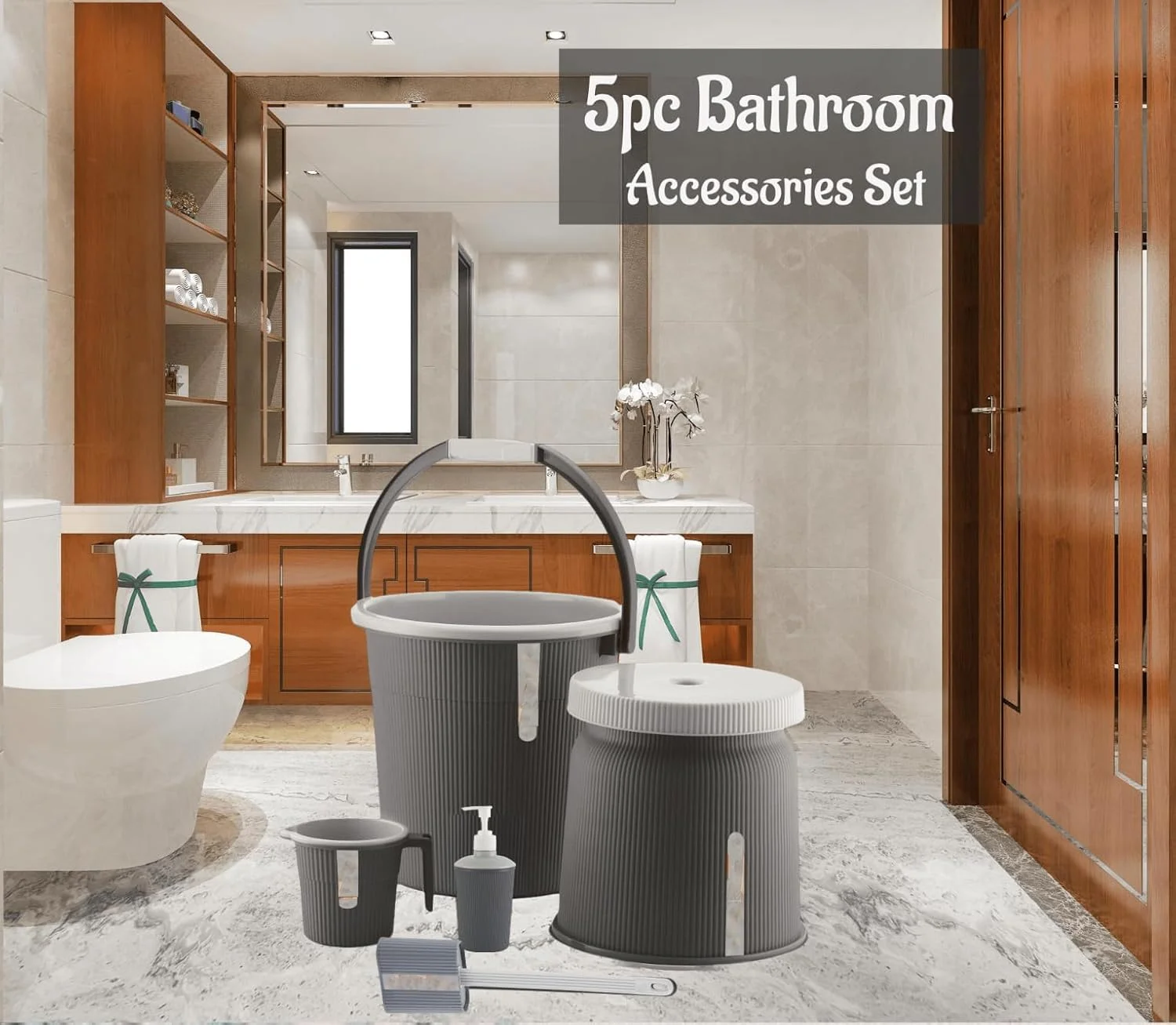 مجموعه 5 تکه لوازم جانبی حمام لیزا نیوتون، ست پلاستیکی حمام شامل سطل پلاستیکی 20 لیتری، لیوان کوچک، چهارپایه بزرگ، جا مایع و برس توالت برای خانه، آشپزخانه و حمام (خاکستری تیره) مجموعه 5 تکه لوازم جانبی حمام لیزا نیوتون، ست پلاستیکی حمام شامل سطل پلاستیکی 20 لیتری، لیوان کوچک، چهارپایه بزرگ، جا مایع و برس توالت برای خانه، آشپزخانه و حمام (خاکستری تیره)
