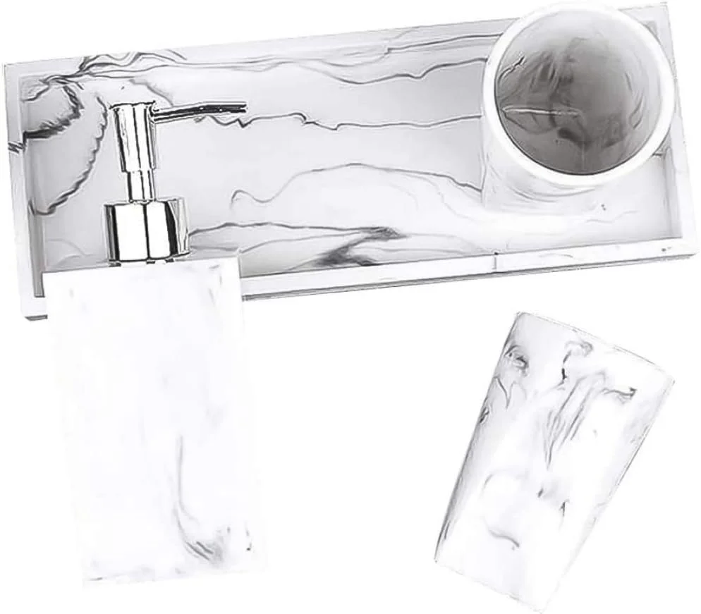 ست لوازم جانبی حمام با طرح سنگ مرمر، شامل جا مایع صابون، سینی آرایشی و بهداشتی، مناسب اتاق هتل، ست رزینی حمام، 2 عدد لیوان