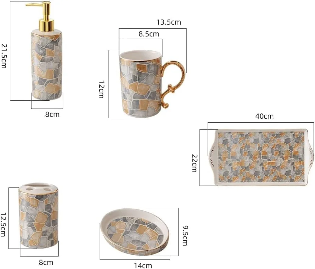 ست پنج تکه لوازم حمام شامل جا مایع دستشویی، جا مسواکی، دو عدد لیوان و جا صابونی به همراه سینی