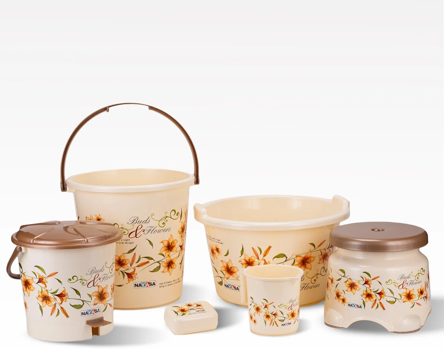 ست ۶ تکه گرد سرویس بهداشتی Nayasa - سطل (۲۵ لیتر)، لیوان (۱.۵ لیتر)، لگن (۲۰ لیتر)، سطل زباله (۱۴ لیتر)، چهارپایه، جای صابون - ست لوازم جانبی سرویس بهداشتی پلاستیکی قهوه ای مدرن