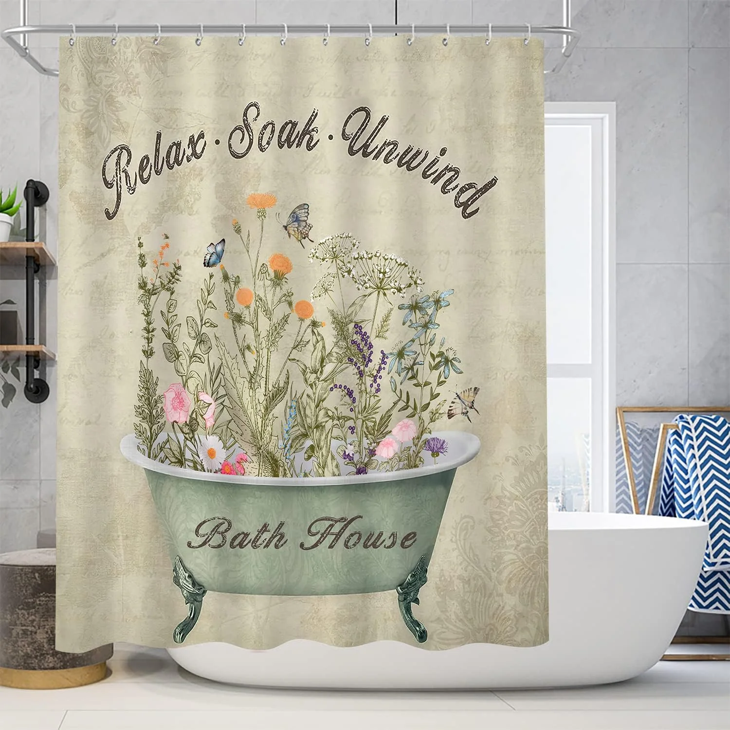 ست پرده حمام طرح گلدار سبز Nkzply، شامل پرده حمام، فرش و پادری با طرح گل و برگ قدیمی، مناسب دکوراسیون حمام به سبک روستایی و خانه های ییلاقی، به همراه فرش حمام، پادری توالت و روکش درب توالت