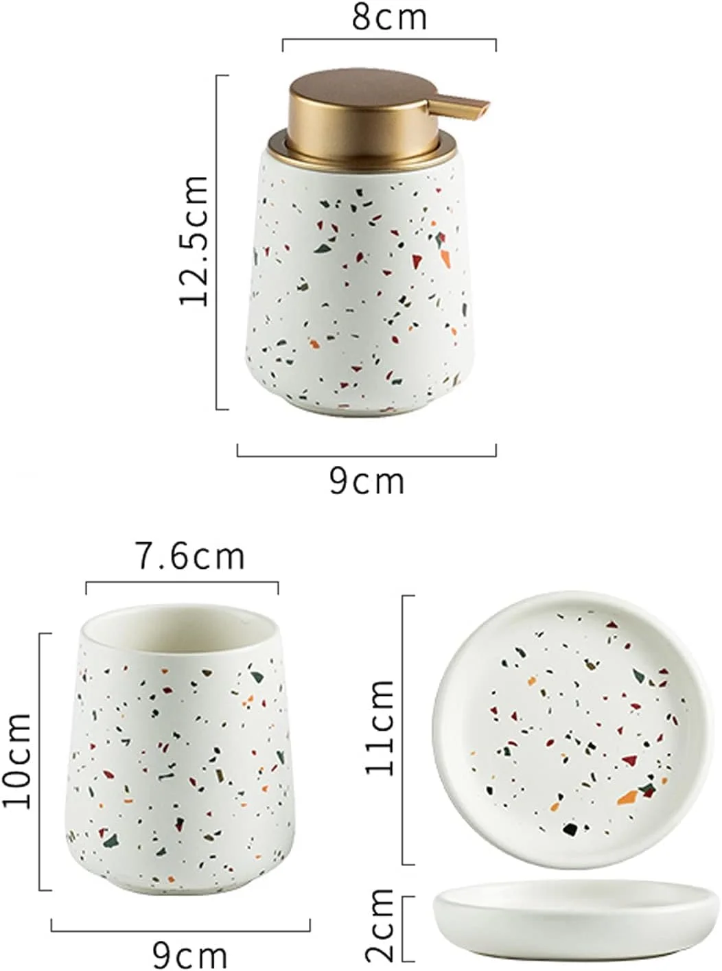 ست سرامیکی لوازم بهداشتی حمام، شامل جای مایع دستشویی، لیوان مسواک، جای صابون، با بافتی ظریف و منحصر به فرد