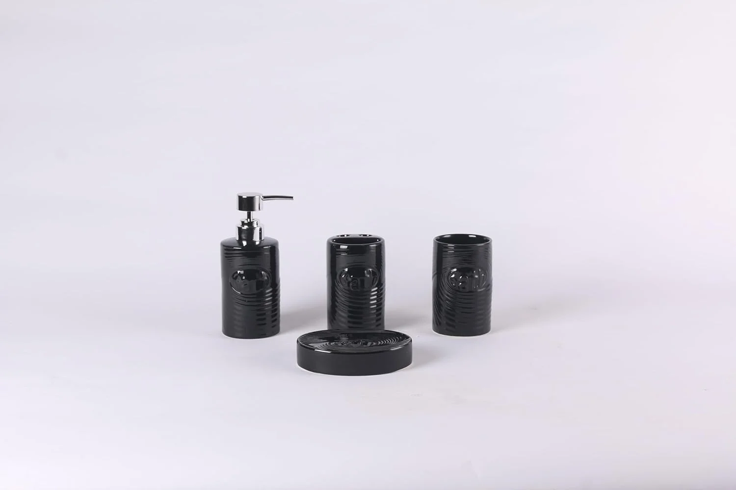 ست لوازم جانبی حمام ارکیده، 4 تکه با طرح نوشته، شامل جا مایع دستشویی و جا مسواکی، لوازم جانبی سرویس بهداشتی، پیشخوان تزئینی، ست حمام سرامیکی (مشکی)