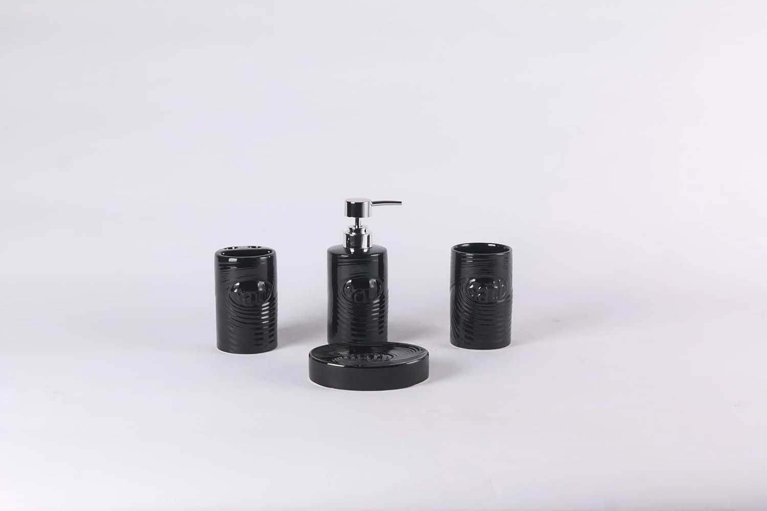 ست لوازم جانبی حمام ارکیده، 4 تکه با طرح نوشته، شامل جا مایع دستشویی و جا مسواکی، لوازم جانبی سرویس بهداشتی، پیشخوان تزئینی، ست حمام سرامیکی (مشکی)