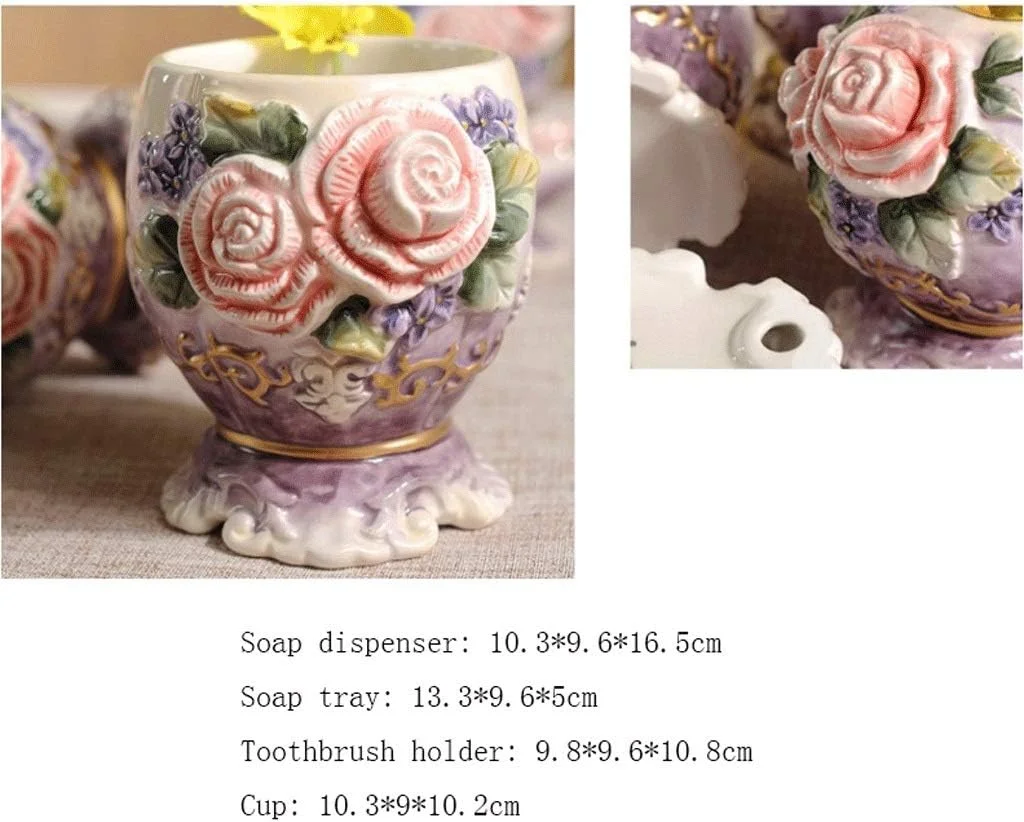 ست لوازم جانبی با کیفیت سرویس بهداشتی PIAOLING طرح گل اروپایی سرامیکی پنج تکه شامل جای مایع دستشویی، جا مسواکی، ست شستشو مناسب منزل و هتل