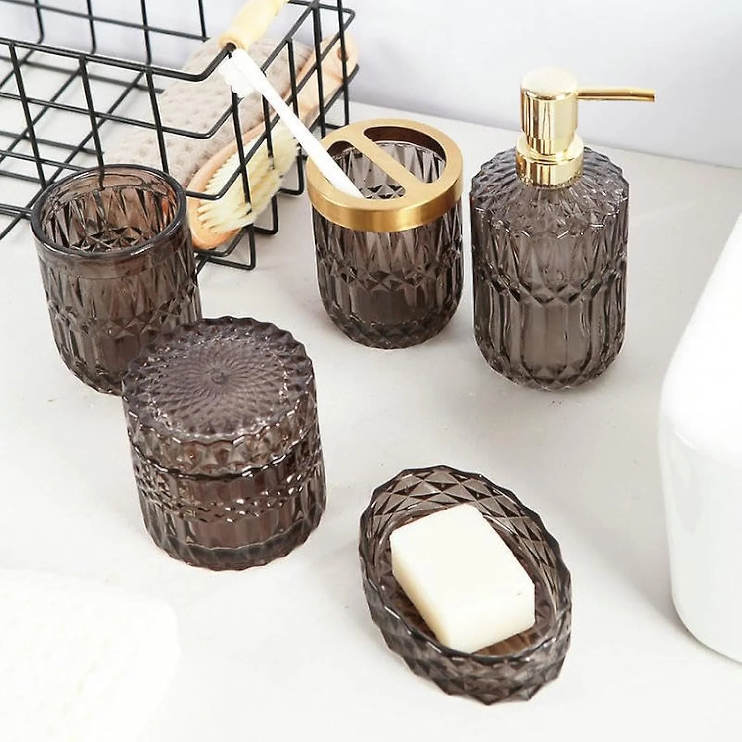 ست کامل لوازم جانبی شیشه ای حمام، دکور حمام مدرن، ست لوازم جانبی شیشه ای حمام (ظرف صابون مایع، جا صابونی، جا مسواکی، لیوان، جا پنبه) (خاکستری)
