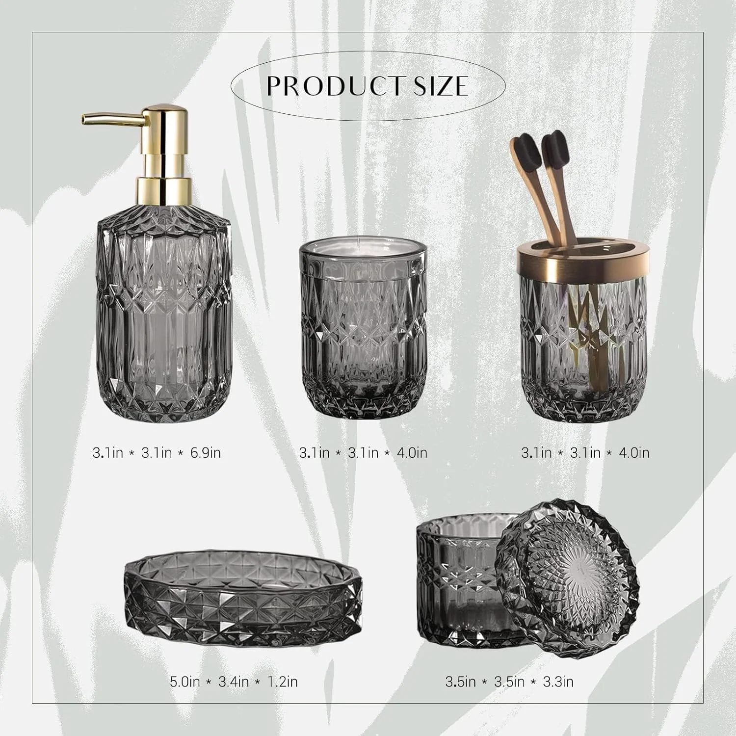 ست کامل لوازم جانبی شیشه ای حمام، دکور حمام مدرن، ست لوازم جانبی شیشه ای حمام (ظرف صابون مایع، جا صابونی، جا مسواکی، لیوان، جا پنبه) (خاکستری)