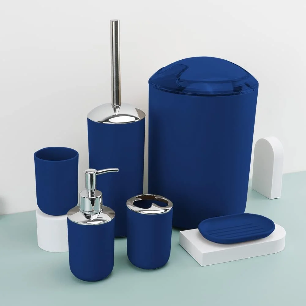 ست لوازم جانبی حمام 6 تکه ممتاز: برس توالت، جا مایع صابون، جا مسواکی، لیوان، جا صابونی، سطل زباله - مجموعه کامل حمام برای دکوراسیون مدرن (آبی) ست لوازم جانبی حمام 6 تکه ممتاز: برس توالت، جا مایع صابون، جا مسواکی، لیوان، جا صابونی، سطل زباله - مجموعه کامل حمام برای دکوراسیون مدرن (آبی)