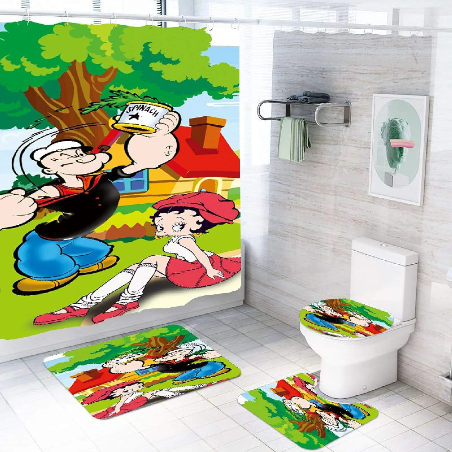 پرده حمام چاپی سه بعدی طرح عروسک، فرش توالت، ست دکوراسیون حمام، پرده حمام به همراه قلاب پرده حمام چاپی سه بعدی طرح عروسک، فرش توالت، ست دکوراسیون حمام، پرده حمام به همراه قلاب