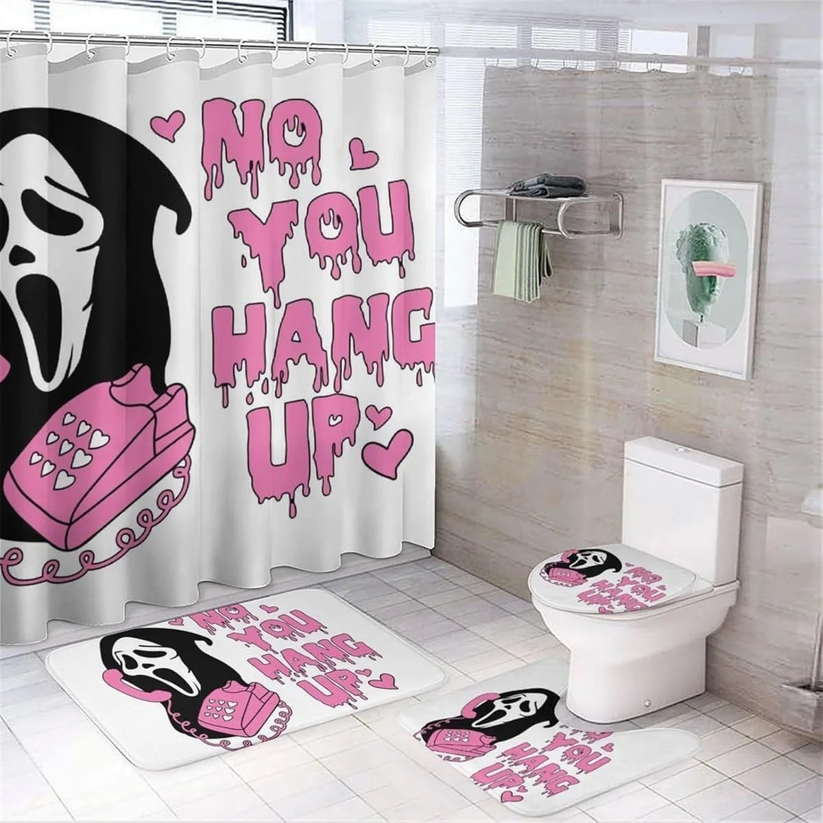 ست دکور حمام با طرح روح صورتی، پرده حمام 4 تکه با ست های حمام و دکور فرش، ست پرده حمام با طرح صورت نقاب روح بامزه (سفید) ست دکور حمام با طرح روح صورتی، پرده حمام 4 تکه با ست های حمام و دکور فرش، ست پرده حمام با طرح صورت نقاب روح بامزه (سفید)