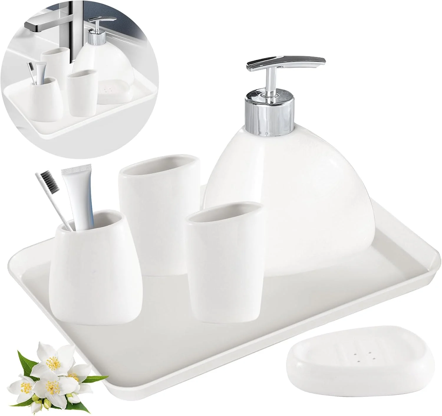 ست لوازم جانبی حمام کیوین، 6 تکه، ست سرامیکی سفید، شامل 2 فنجان دهان شویه، 1 جا مسواکی، 1 جا صابونی، 1 بطری لوسیون و سینی برای آپارتمان منزل