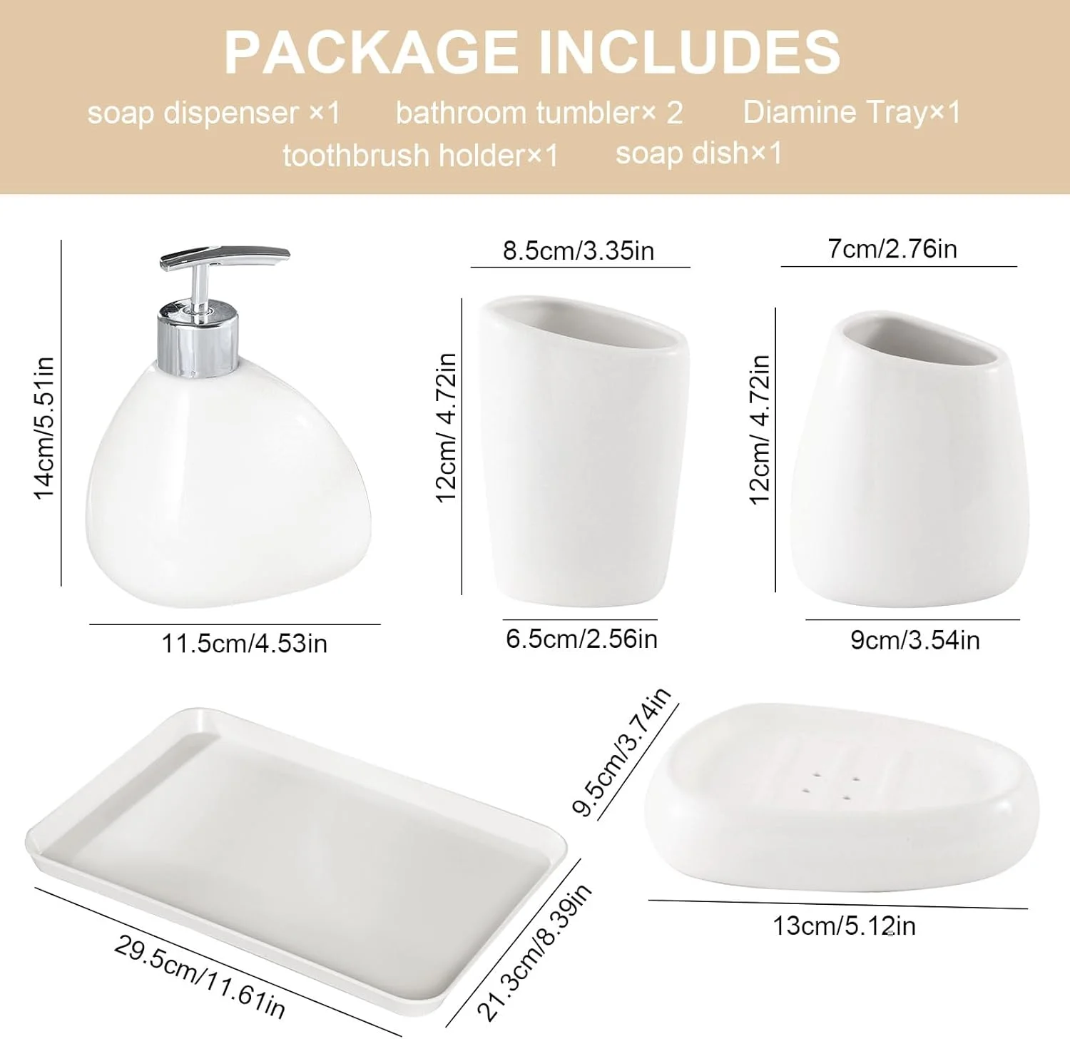 ست لوازم جانبی حمام کیوین، 6 تکه، ست سرامیکی سفید، شامل 2 فنجان دهان شویه، 1 جا مسواکی، 1 جا صابونی، 1 بطری لوسیون و سینی برای آپارتمان منزل