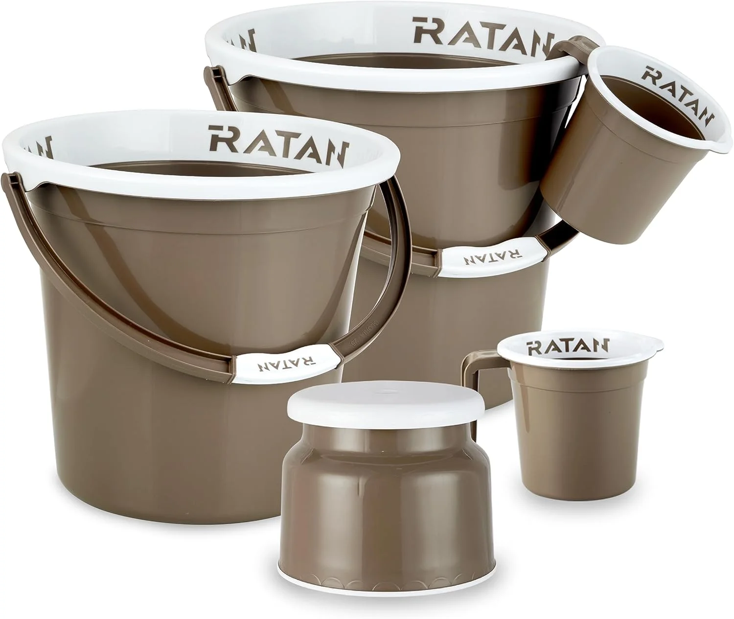 ست پلاستیکی 5 تکه لوازم حمام گلوریا ساده شامل 2 عدد سطل 25 لیتری + چهارپایه نوا مدل 107 + دو عدد لیوان حمام گلوریا ساده 1.5 لیتری رنگ قهوه ای روشن