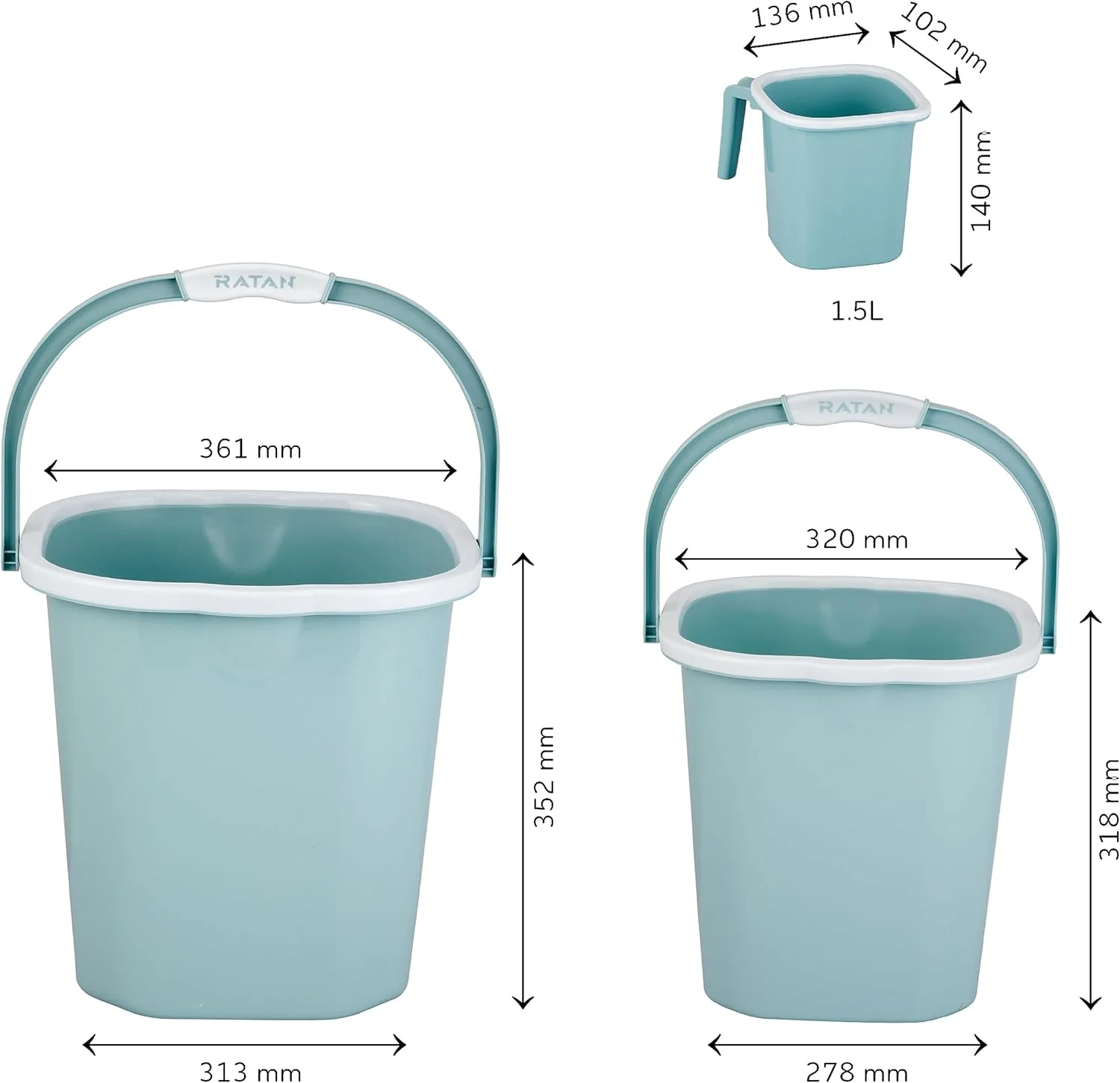 ست پلاستیکی حمام راتان پلاستیک ور شامل سطل ۱۸ لیتری + سطل ۲۵ لیتری + لیوان حمام ساده ۱.۵ لیتری، رنگ نعنایی