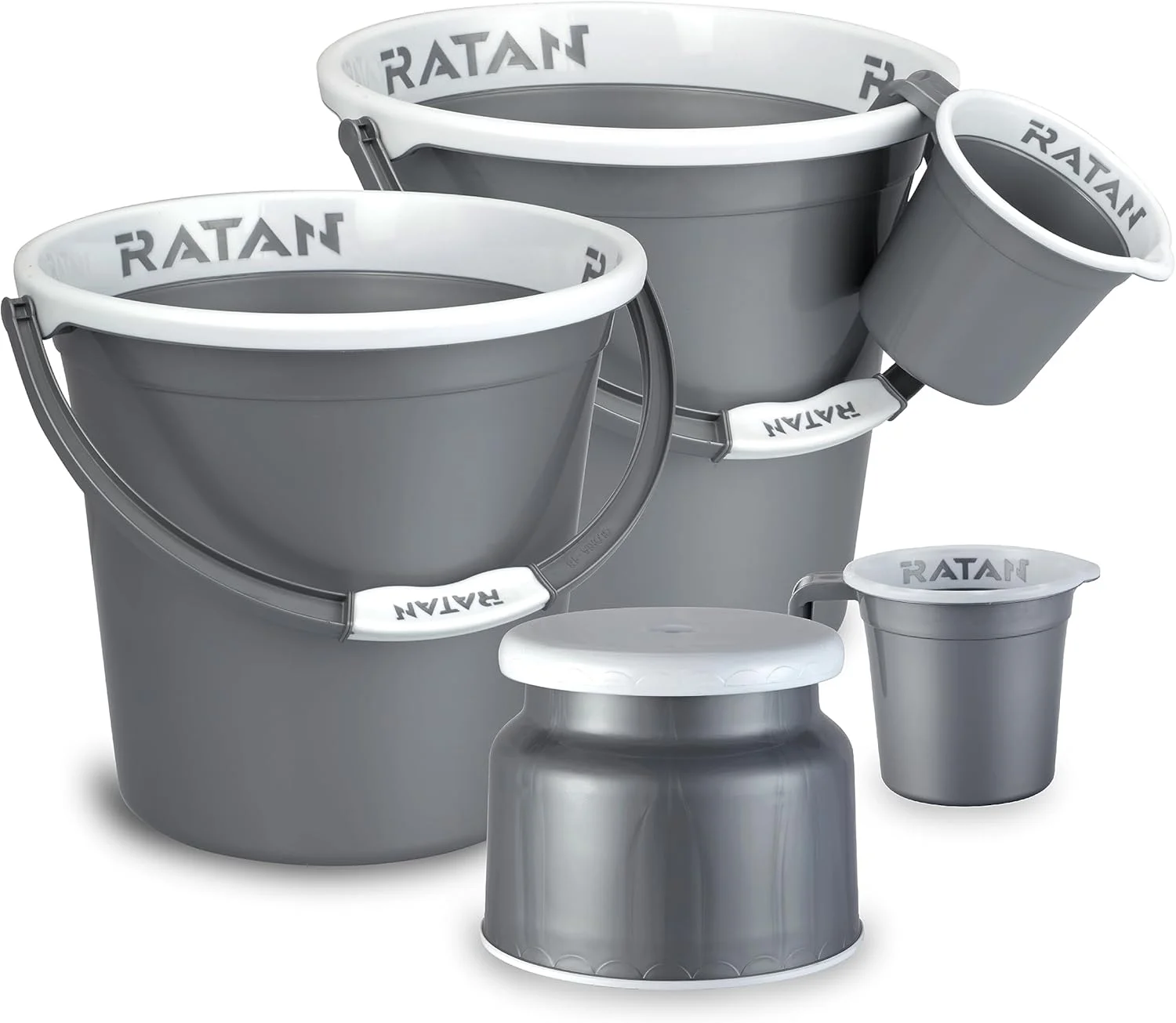 ست پلاستیکی حمام ۵ تکه مدل گلوریا ساده، نقره ای NIR، شامل ۲ عدد سطل ۱۸ لیتری + چهارپایه نوا مدل Patla 107 + دو عدد لیوان حمام گلوریا ساده ۱ لیتری