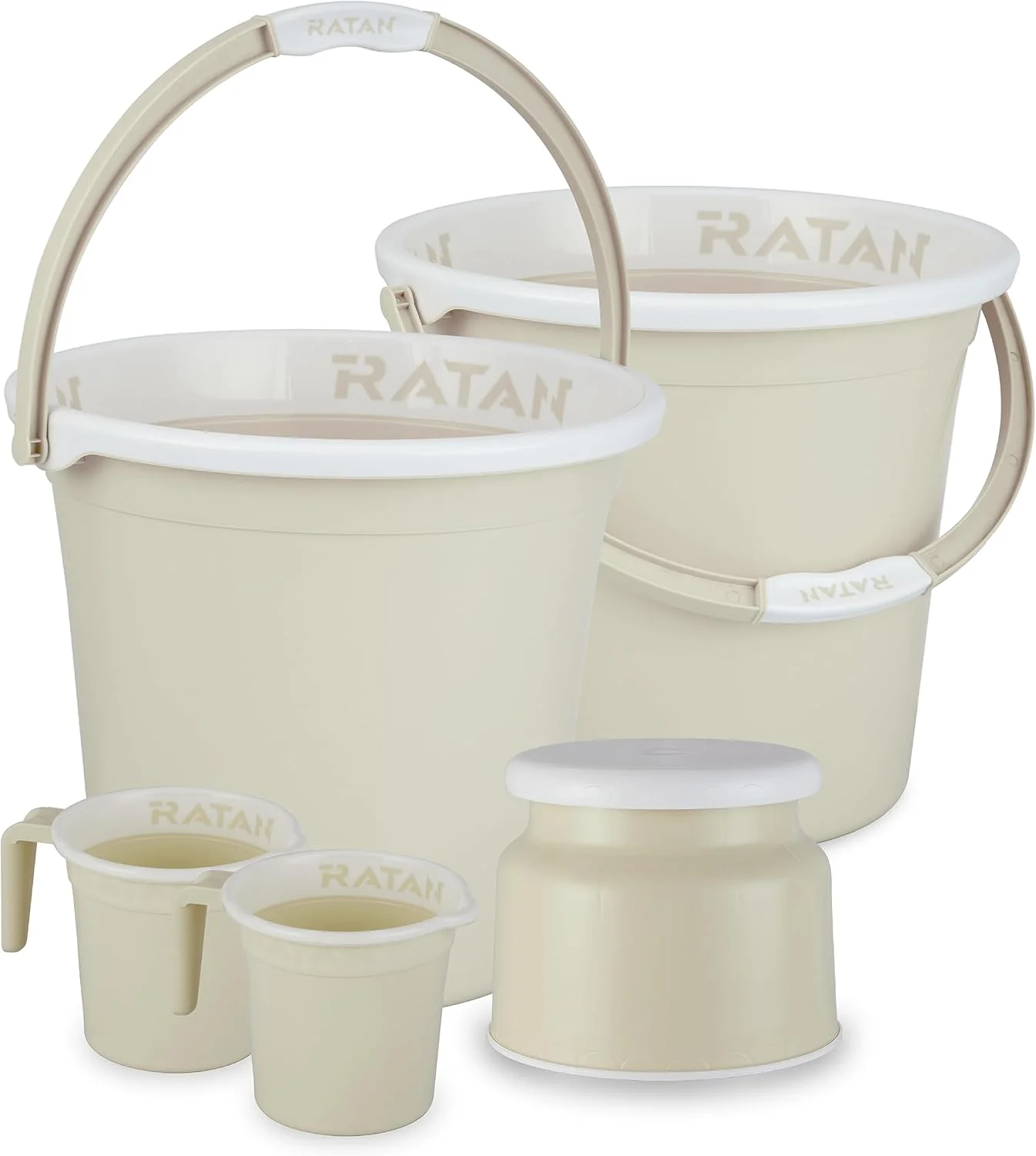 ست پلاستیکی ۵ تکه لوازم حمام راتان پلاستیک ور مدل گلوریا ساده شامل دو عدد سطل ۲۵ لیتری + یک عدد چهارپایه نوا مدل ۱۰۷ + دو عدد لیوان حمام گلوریا ساده ۱.۵ لیتری، رنگ بژ