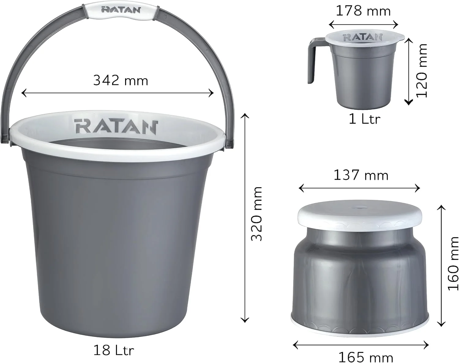 ست پلاستیکی حمام ۵ تکه مدل گلوریا ساده، نقره ای NIR، شامل ۲ عدد سطل ۱۸ لیتری + چهارپایه نوا مدل Patla 107 + دو عدد لیوان حمام گلوریا ساده ۱ لیتری