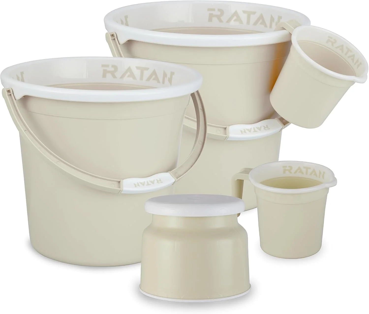 ست پلاستیکی ۵ تکه لوازم حمام راتان پلاستیک ور مدل گلوریا ساده شامل دو عدد سطل ۲۵ لیتری + یک عدد چهارپایه نوا مدل ۱۰۷ + دو عدد لیوان حمام گلوریا ساده ۱.۵ لیتری، رنگ بژ