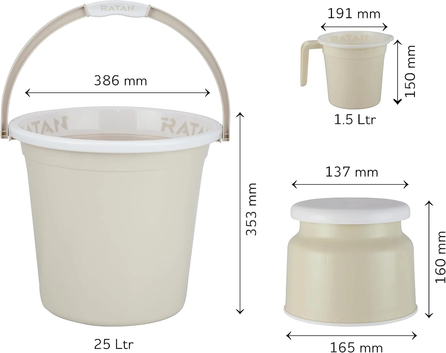 ست پلاستیکی ۵ تکه لوازم حمام راتان پلاستیک ور مدل گلوریا ساده شامل دو عدد سطل ۲۵ لیتری + یک عدد چهارپایه نوا مدل ۱۰۷ + دو عدد لیوان حمام گلوریا ساده ۱.۵ لیتری، رنگ بژ