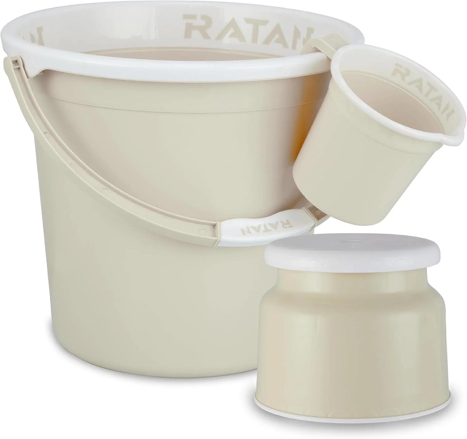 ست پلاستیکی سه تکه لوازم حمام راتان پلاستیک ور شامل سطل 25 لیتری گلوریا پلین + چهارپایه نوا مدل 107 + لیوان حمام گلوریا پلین 1.5 لیتری، رنگ بژ