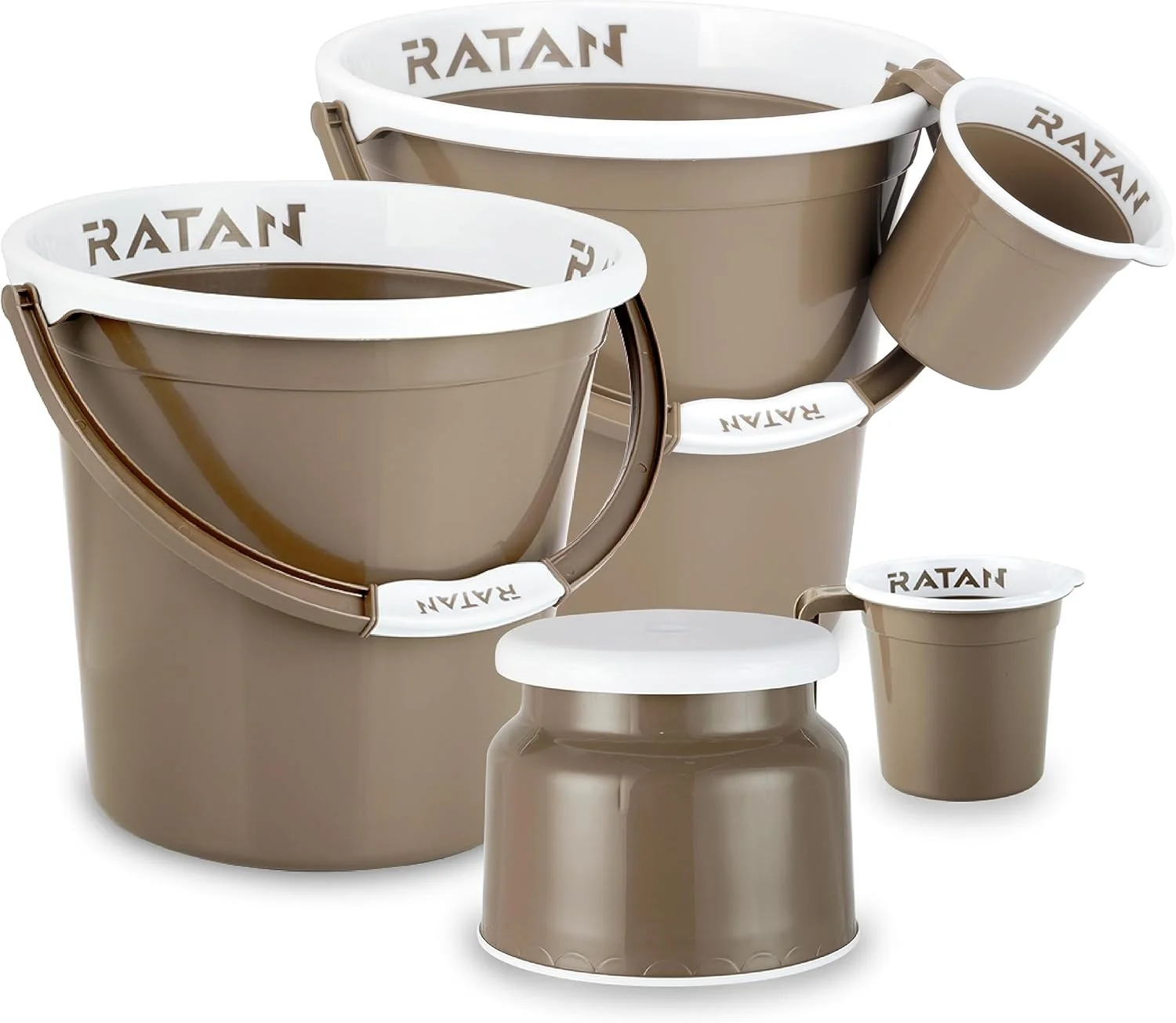 ست پلاستیکی حمام 5 تکه شامل دو عدد سطل 18 لیتری گلوریا ساده + چهارپایه نوا مدل 107 + دو عدد لیوان حمام گلوریا ساده 1 لیتری، رنگ قهوه ای روشن