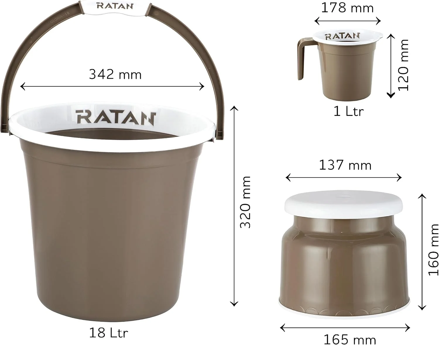 ست پلاستیکی حمام 5 تکه شامل دو عدد سطل 18 لیتری گلوریا ساده + چهارپایه نوا مدل 107 + دو عدد لیوان حمام گلوریا ساده 1 لیتری، رنگ قهوه ای روشن