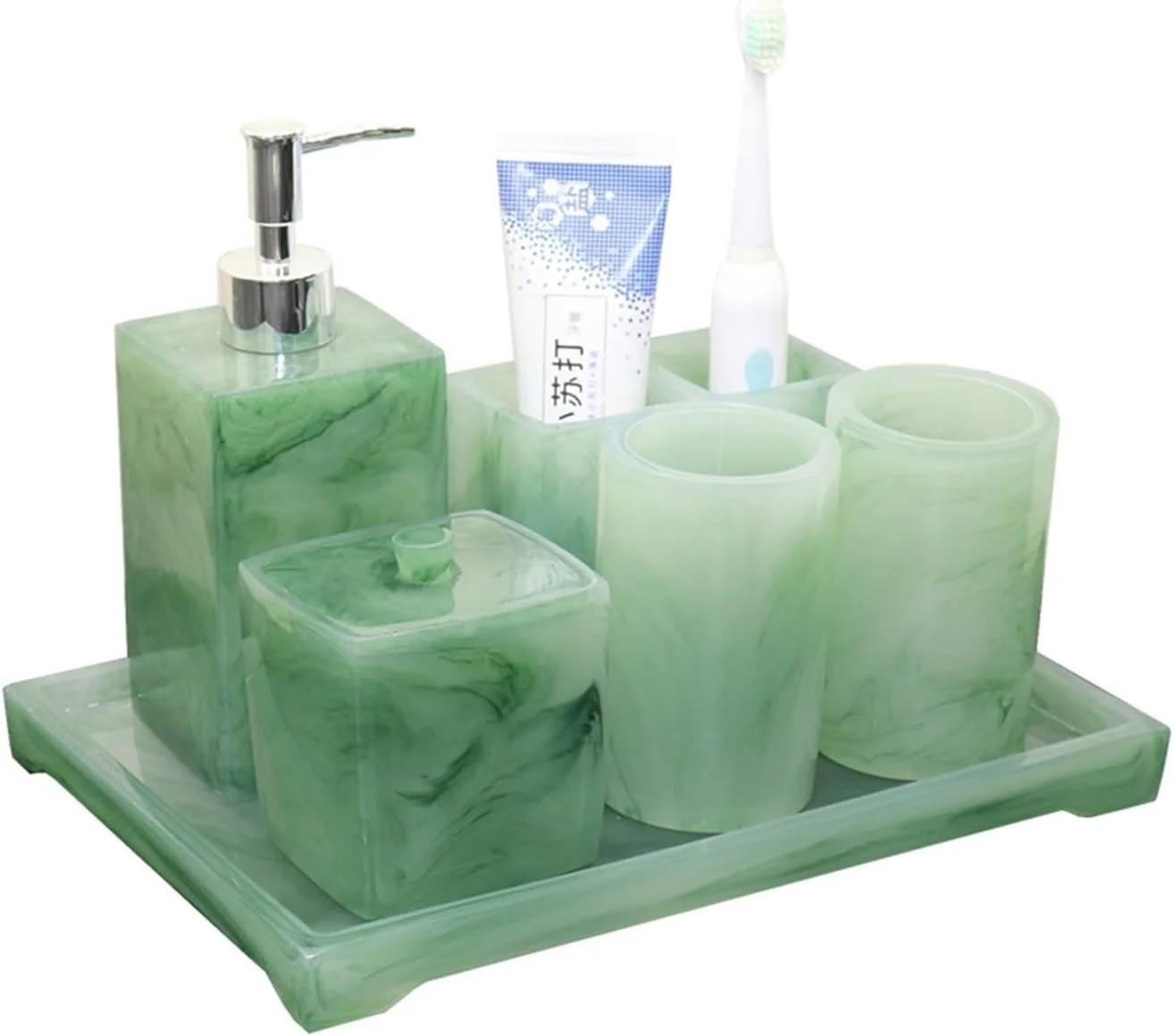 ست لوازم جانبی حمام با قابلیت پر کردن مجدد، دکوراسیون سینی دوش وان حمام یشم مصنوعی منحصربه‌فرد، ست 6 تکه لوازم جانبی حمام رزینی برای توالت حمام آشپزخانه