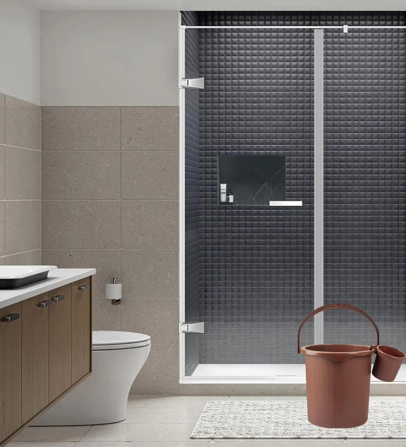 ست سطل و لیوان حمام طرح دار رجالو (سطل 25 لیتری + لیوان 1.5 لیتری) (گرد - قهوه ای تیره)