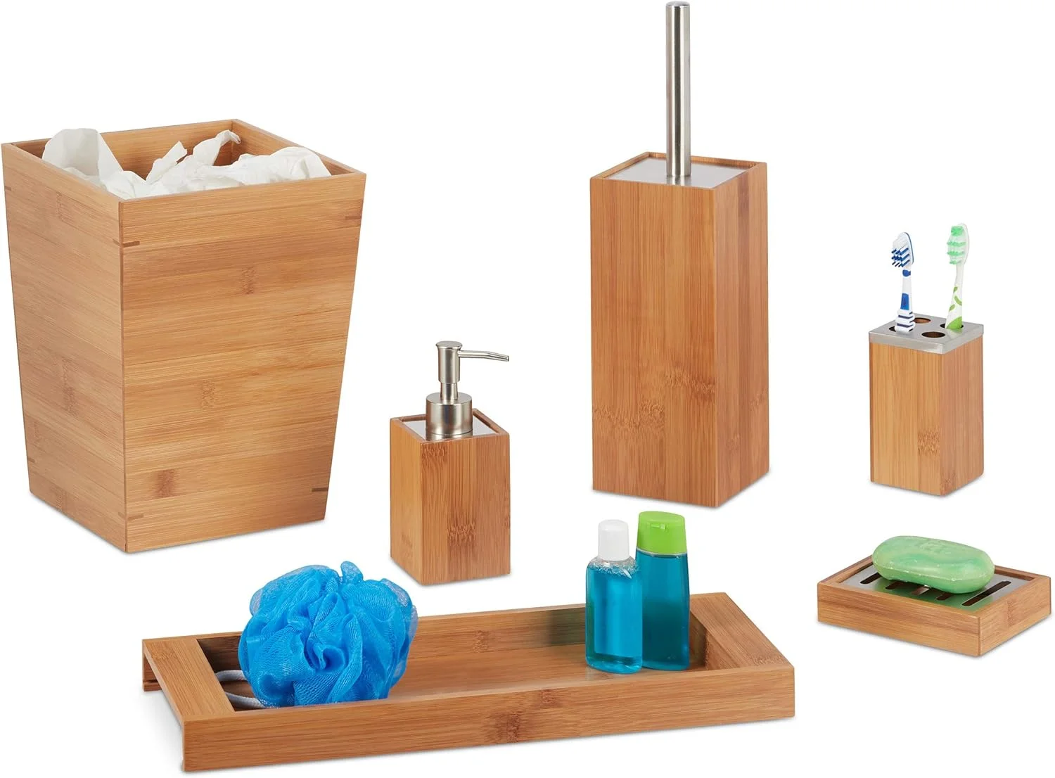 ست لوازم حمام Relaxdays، 6 تکه، بامبو، شامل جای مایع دستشویی و ظرف صابون، برس توالت، جا مسواکی، سینی و سطل زباله، رنگ طبیعی ست لوازم حمام Relaxdays، 6 تکه، بامبو، شامل جای مایع دستشویی و ظرف صابون، برس توالت، جا مسواکی، سینی و سطل زباله، رنگ طبیعی