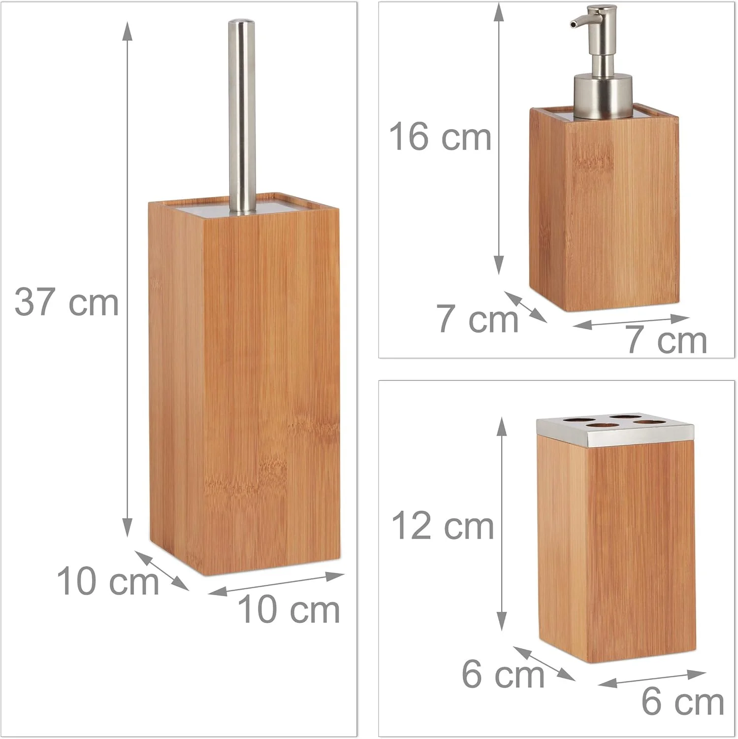 ست لوازم حمام Relaxdays، 6 تکه، بامبو، شامل جای مایع دستشویی و ظرف صابون، برس توالت، جا مسواکی، سینی و سطل زباله، رنگ طبیعی