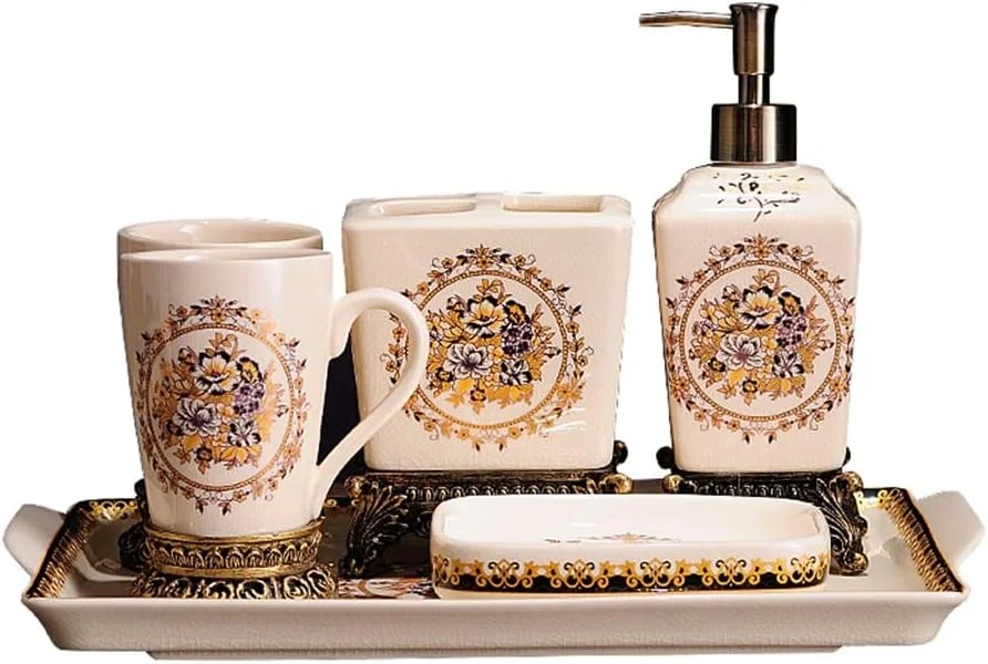 ست سرامیکی ترک‌دار رترو برای سرویس بهداشتی، ست شستشو، لیوان شستشو به سبک اروپایی