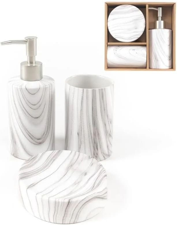 ست لوازم حمام ROCKING GIFTS، دو تکه، جا صابونی سرامیکی طرح سنگ مرمر و لیوان، 17 سانتی متر