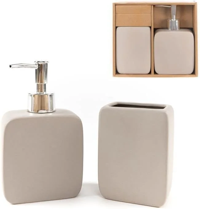 ست سرویس بهداشتی راکینگ گیفتز، دو تکه، جا صابونی و لیوان، سرامیک طبیعی، 17 سانتی متر