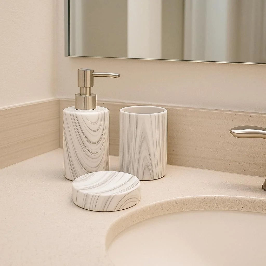 ست لوازم حمام ROCKING GIFTS، دو تکه، جا صابونی سرامیکی طرح سنگ مرمر و لیوان، 17 سانتی متر