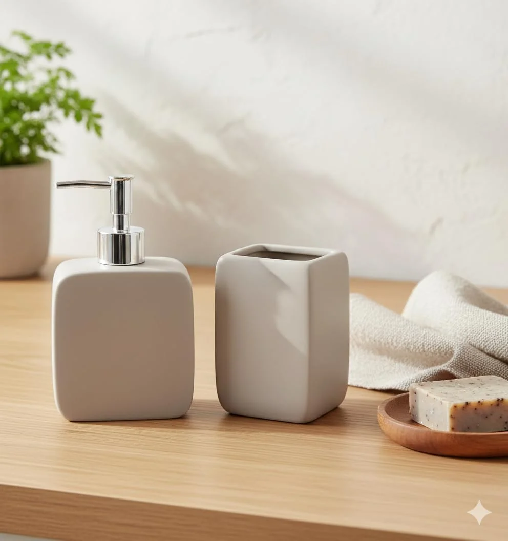 ست سرویس بهداشتی راکینگ گیفتز، دو تکه، جا صابونی و لیوان، سرامیک طبیعی، 17 سانتی متر