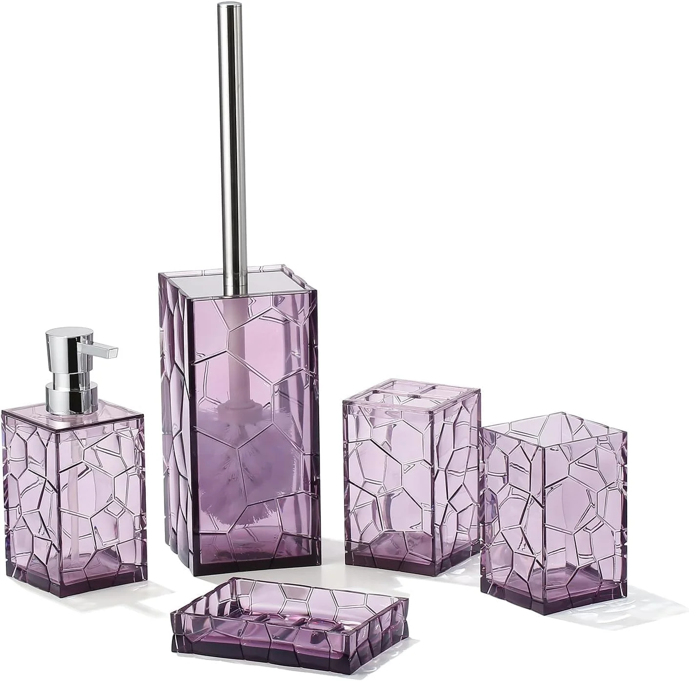 ست لوازم جانبی حمام اکریلیک شفاف ROUNY، مجموعه 5 تکه شامل جا مایع صابون، جا مسواکی، لیوان مسواک، جا صابونی، دکوراسیون حمام لوازم جانبی منزل (بنفش)