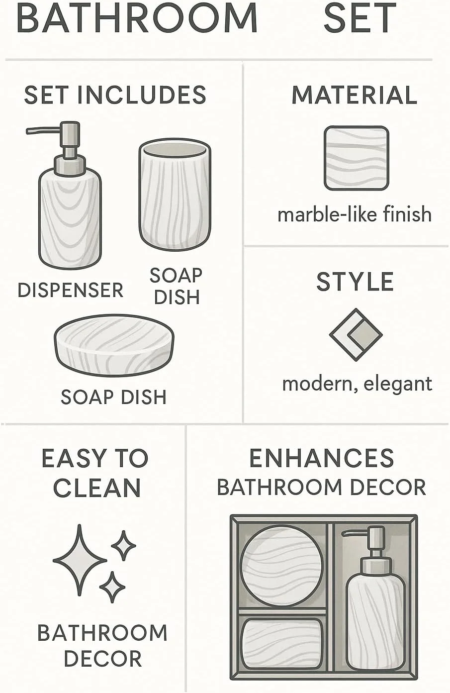 ست لوازم حمام ROCKING GIFTS، دو تکه، جا صابونی سرامیکی طرح سنگ مرمر و لیوان، 17 سانتی متر