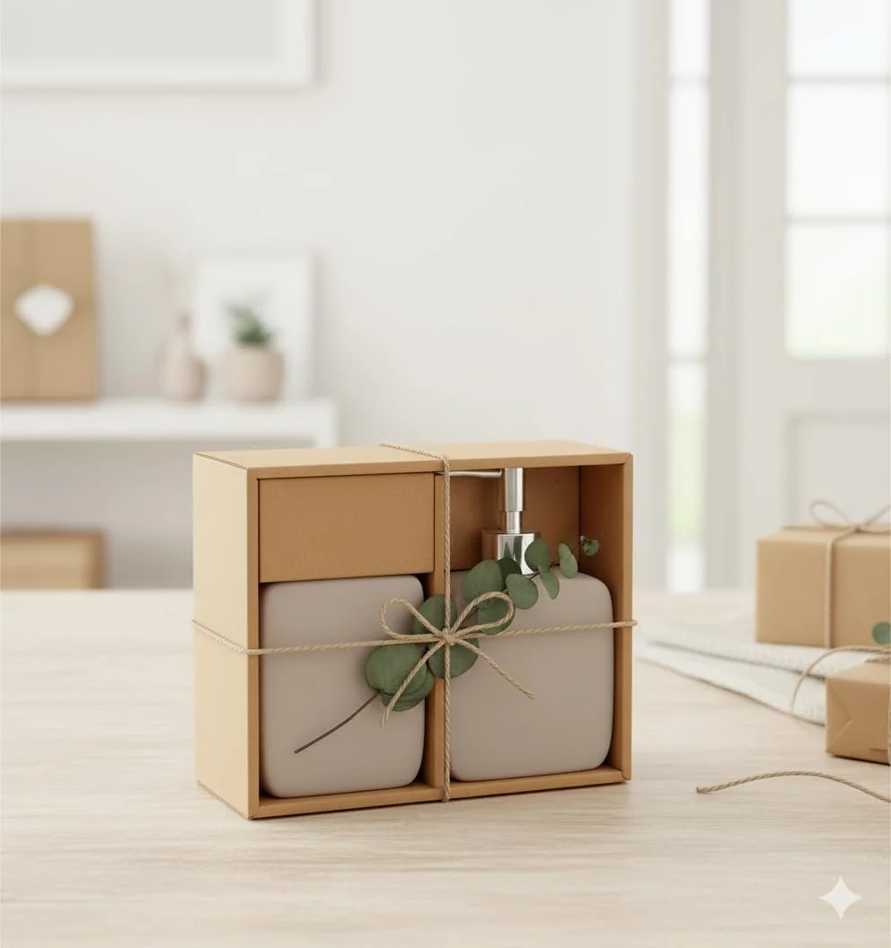 ست سرویس بهداشتی راکینگ گیفتز، دو تکه، جا صابونی و لیوان، سرامیک طبیعی، 17 سانتی متر