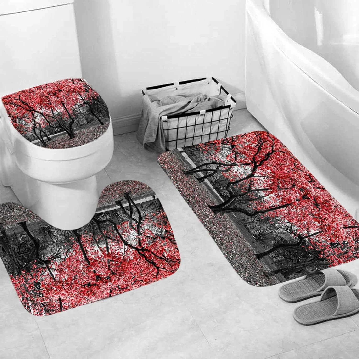 پرده حمام طرح جنگل قرمز رمانتیک به همراه ست روکش توالت و زیرانداز ضد آب پرده حمام طرح جنگل قرمز رمانتیک به همراه ست روکش توالت و زیرانداز ضد آب