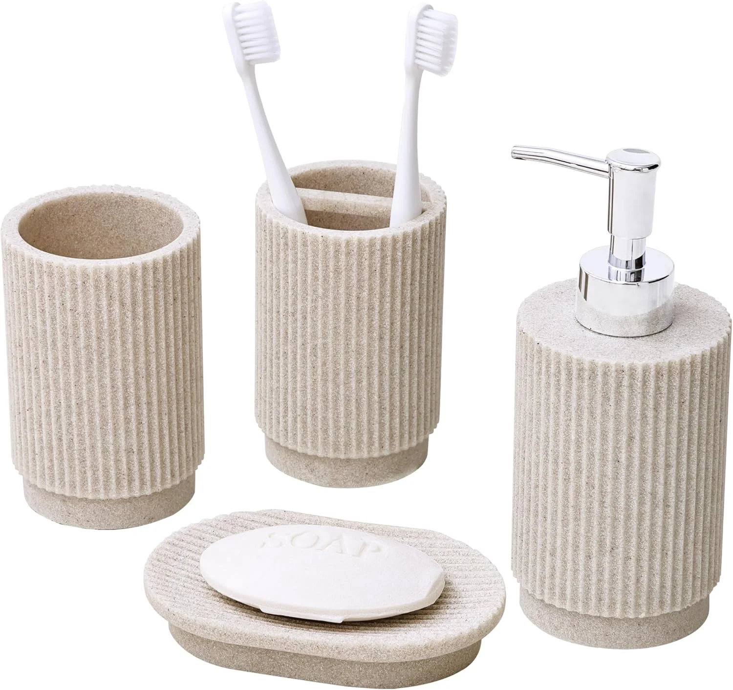 ست ۴ تکه لوازم بهداشتی کرم رنگ شامل جا مایع صابون و جا مسواکی، مناسب برای طراحی مدرن حمام