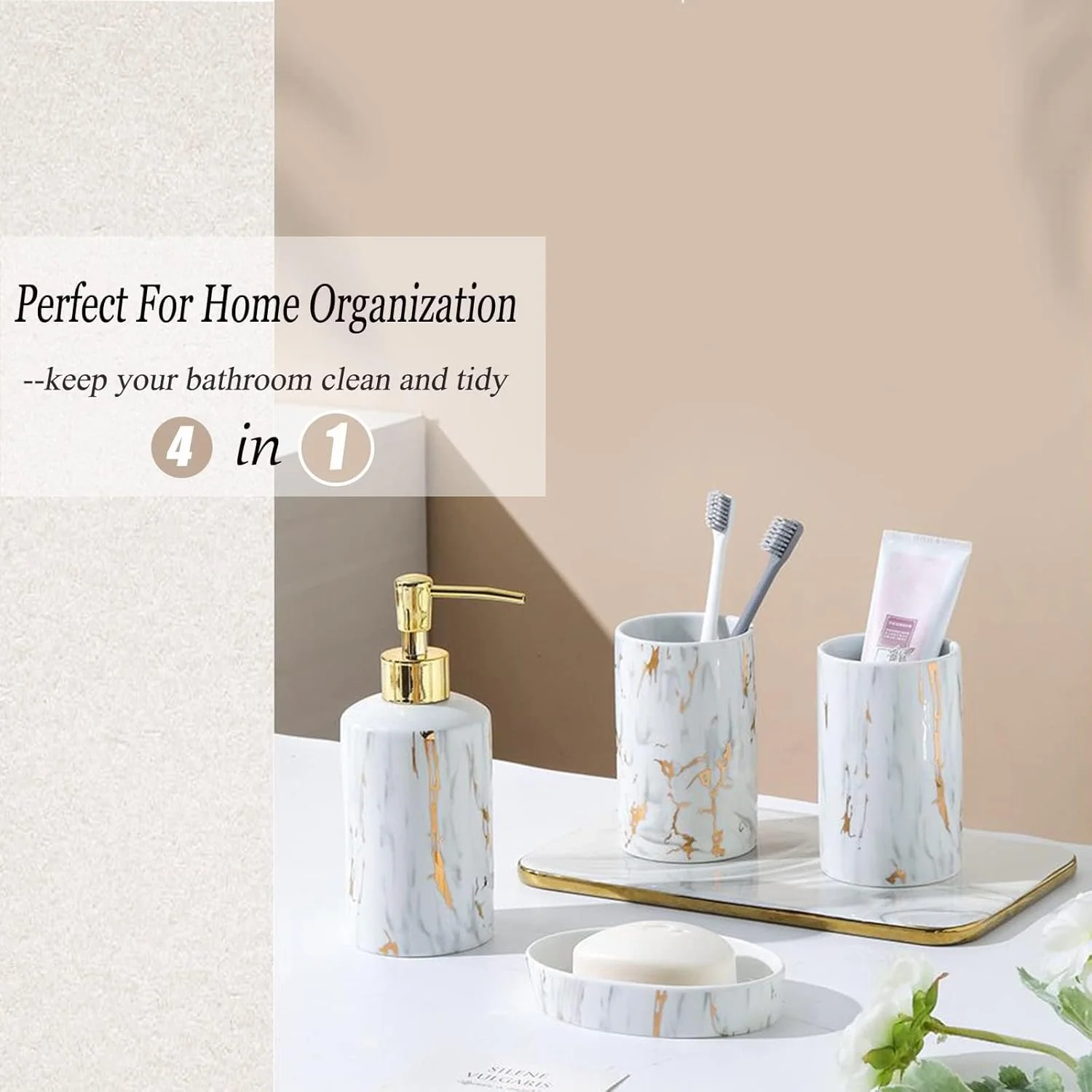 ست لوازم جانبی سرامیکی 4 تکه Santentre برای حمام، ست های لوکس حمام با جا مایع صابون، جا مسواکی، لیوان، جا صابونی، ست حمام برای سازماندهی و دکور، طرح مرمر سفید