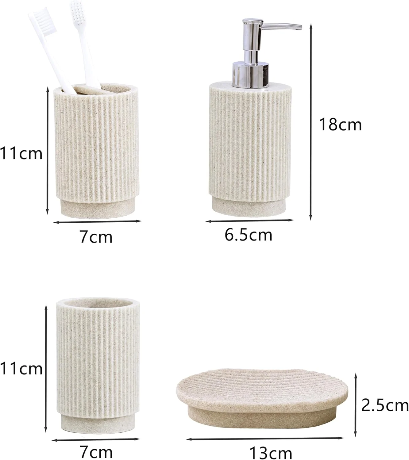 ست ۴ تکه لوازم بهداشتی کرم رنگ شامل جا مایع صابون و جا مسواکی، مناسب برای طراحی مدرن حمام