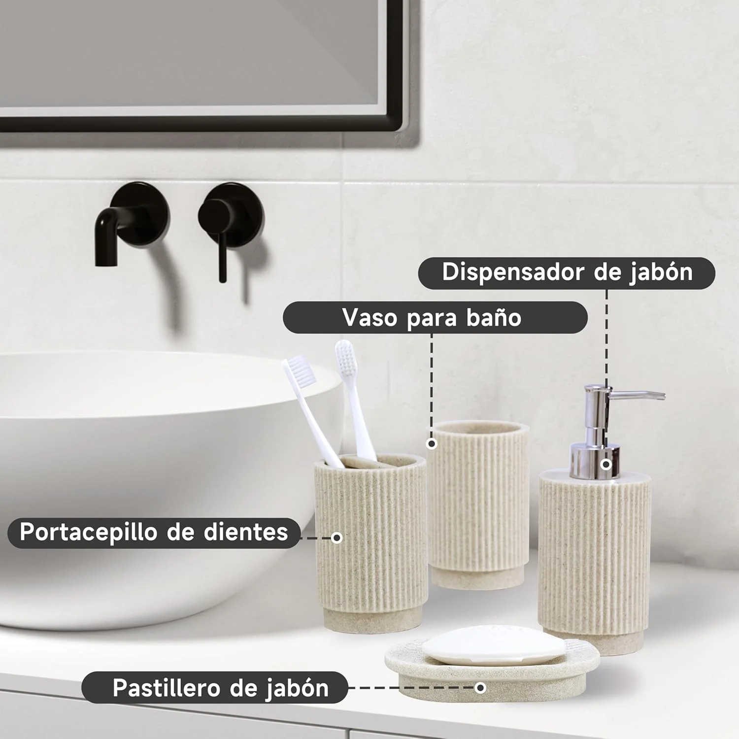 ست ۴ تکه لوازم بهداشتی کرم رنگ شامل جا مایع صابون و جا مسواکی، مناسب برای طراحی مدرن حمام