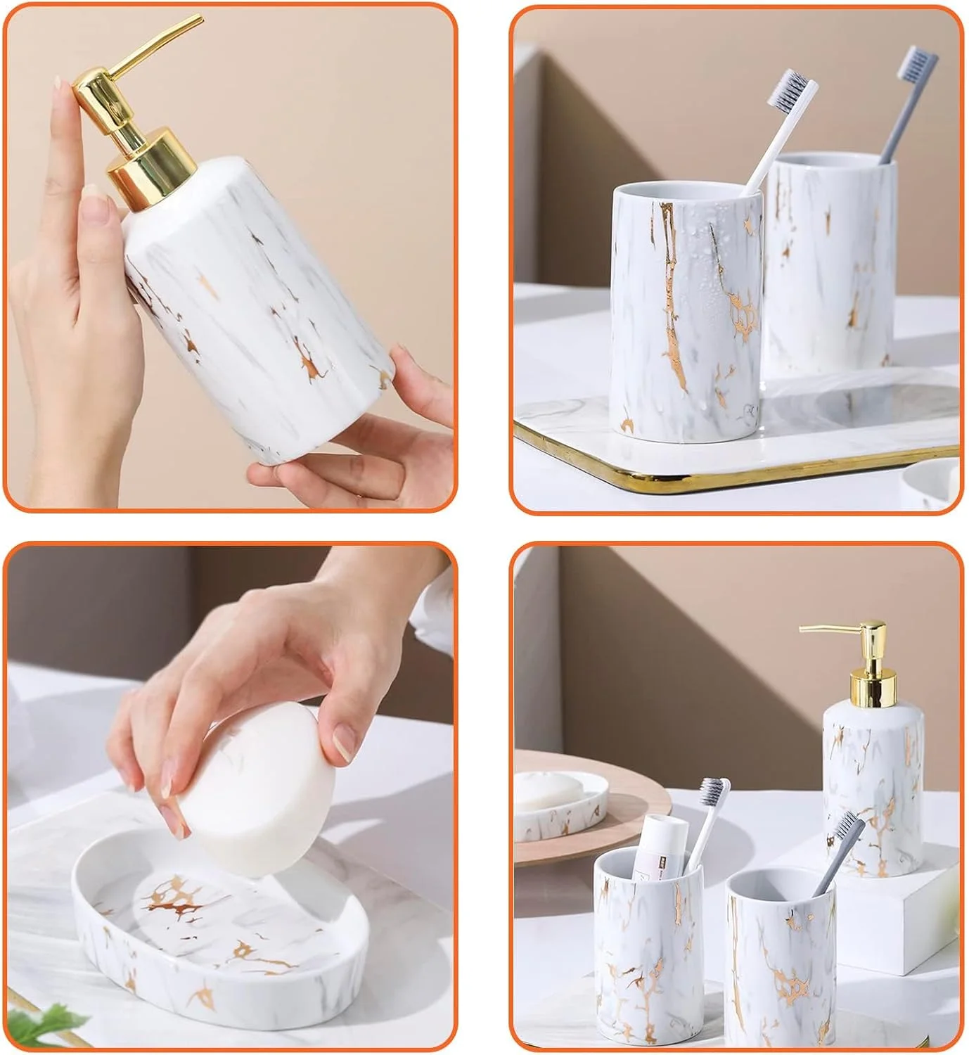 ست لوازم جانبی سرامیکی 4 تکه Santentre برای حمام، ست های لوکس حمام با جا مایع صابون، جا مسواکی، لیوان، جا صابونی، ست حمام برای سازماندهی و دکور، طرح مرمر سفید