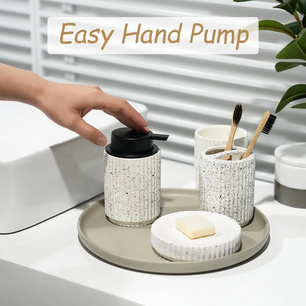 ست لوازم جانبی حمام ساتو براون سفید - ست 4 تکه لوازم جانبی حمام سرامیکی تزئینی با پخش کننده صابون لوسیون، جا مسواکی/لیوان و جا صابونی، ست هدیه مدرن برای دکوراسیون منزل جدید