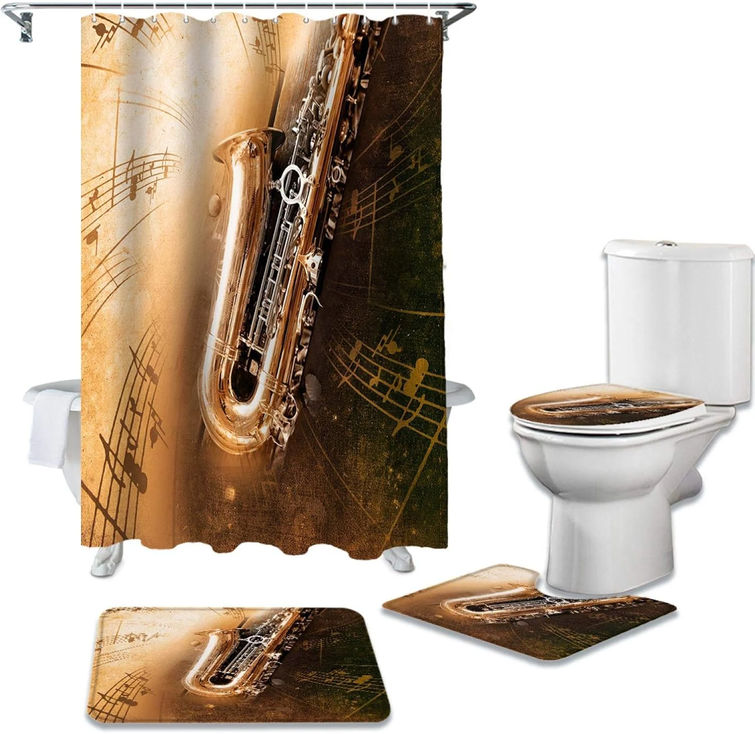 ست پرده حمام ضد آب با طرح ساز موسیقی ساکسیفون، فرش و پادری حمام و روکش توالت