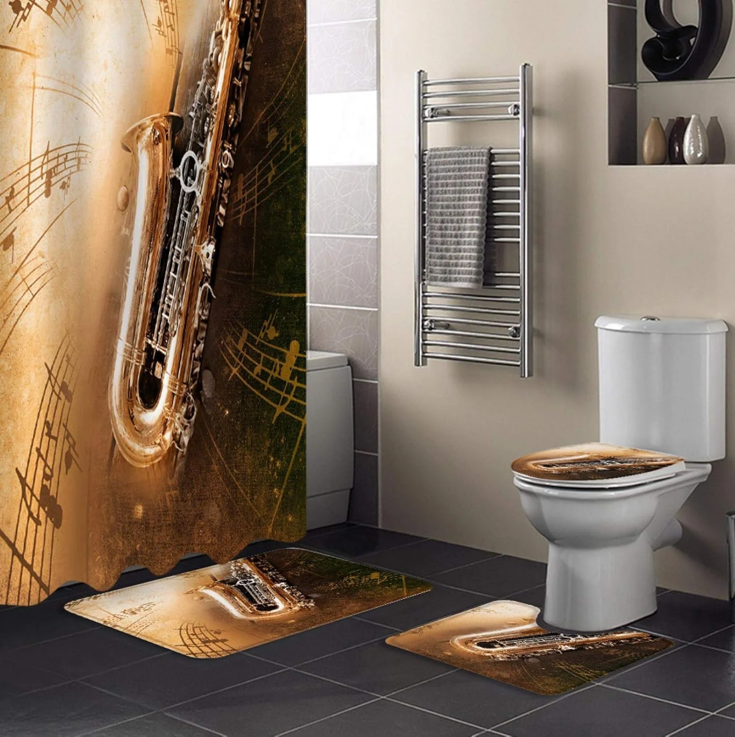 ست پرده حمام ضد آب با طرح ساز موسیقی ساکسیفون، فرش و پادری حمام و روکش توالت