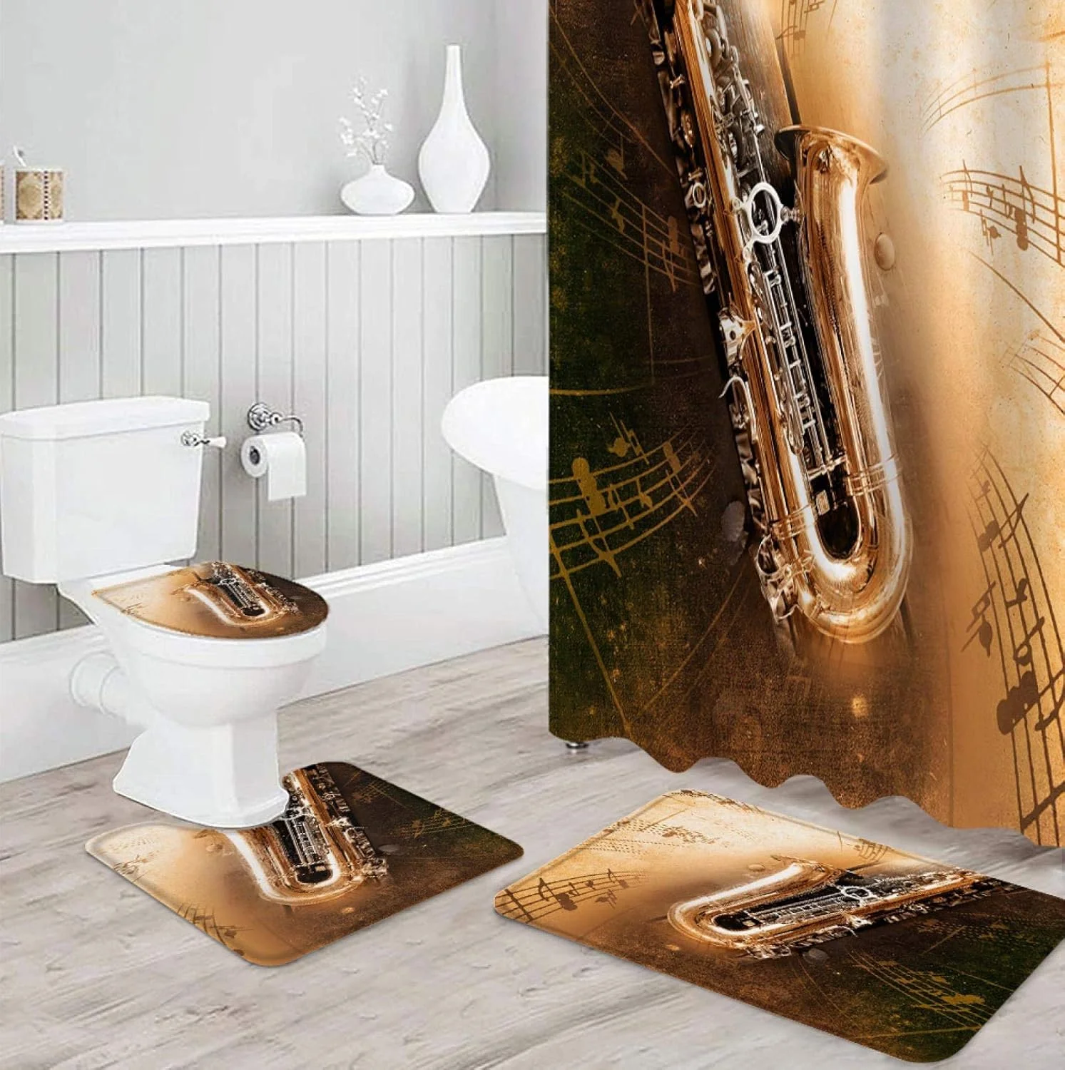 ست پرده حمام ضد آب با طرح ساز موسیقی ساکسیفون، فرش و پادری حمام و روکش توالت