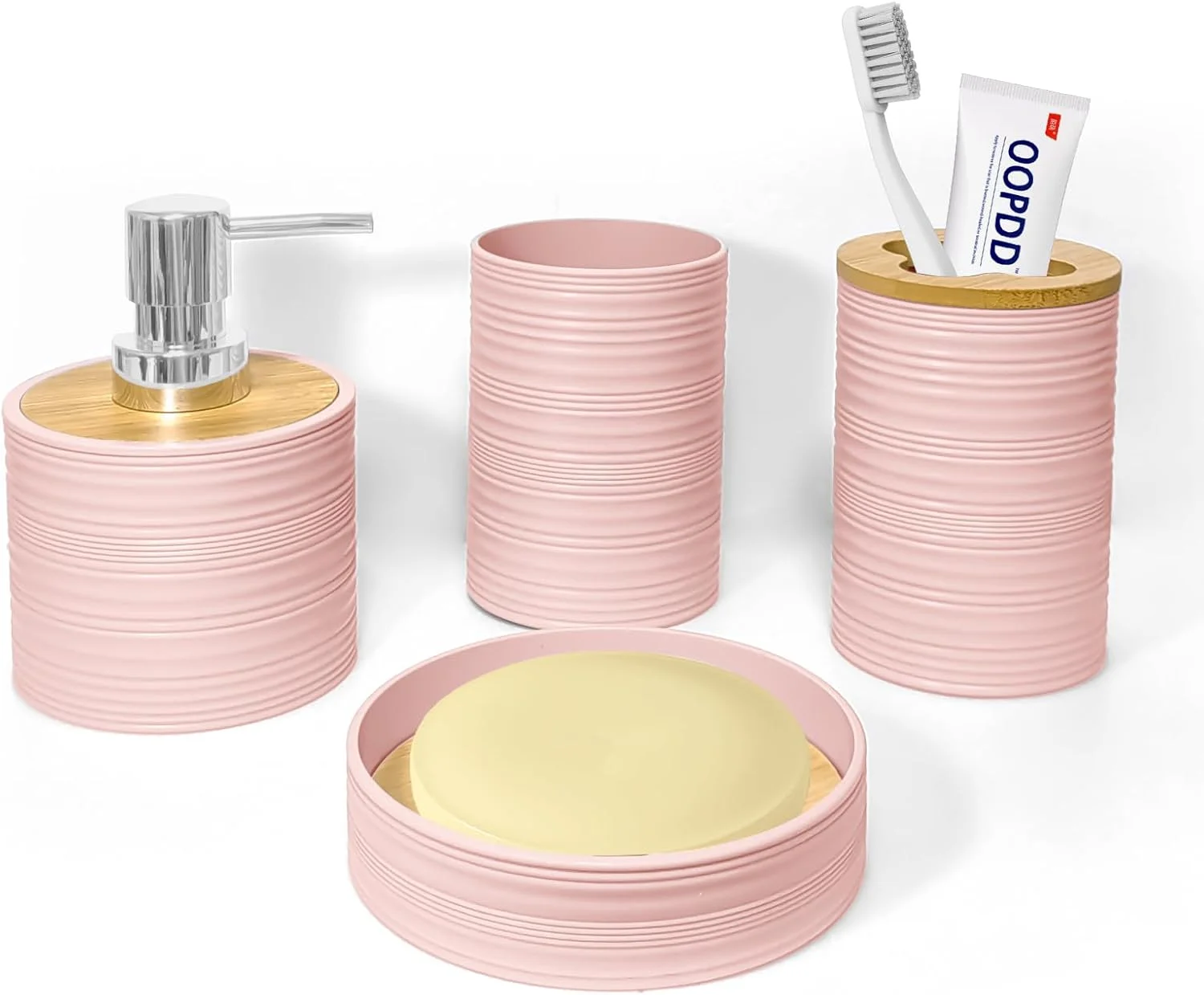 ست لوازم جانبی حمام 4 تکه Seeatoo، ست لوازم جانبی حمام بامبو شامل جا صابونی، جا مایع صابون، جا مسواکی، لیوان مسواک، لوازم جانبی ست حمام، دکور حمام بوهو (صورتی روشن)