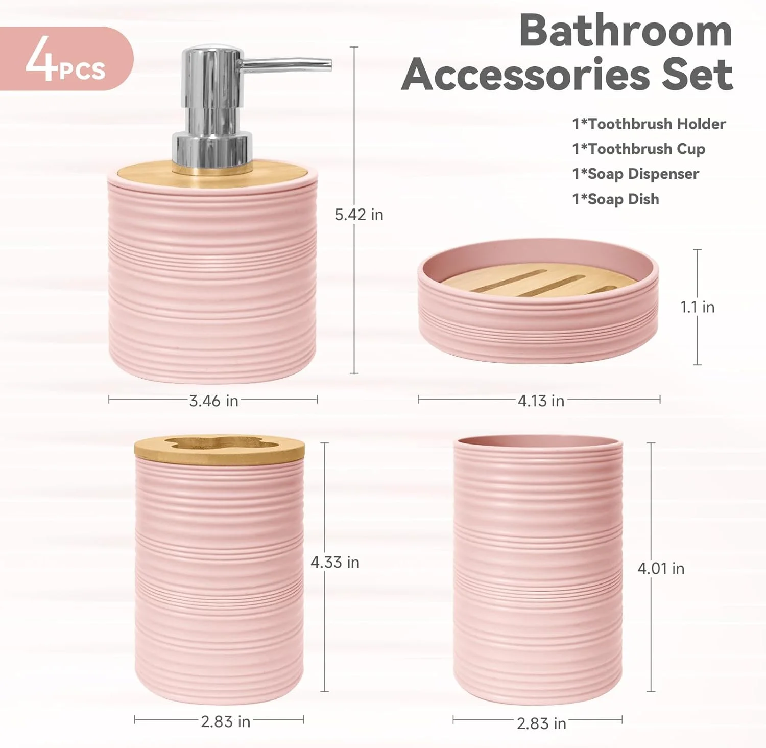ست لوازم جانبی حمام 4 تکه Seeatoo، ست لوازم جانبی حمام بامبو شامل جا صابونی، جا مایع صابون، جا مسواکی، لیوان مسواک، لوازم جانبی ست حمام، دکور حمام بوهو (صورتی روشن)